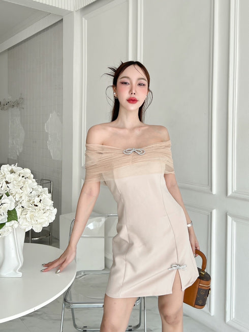 SIRINNN Mesh Off Shoulder Side Slit Mini Dresses
